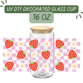 Pink Checkered Strawberries Glass Cup