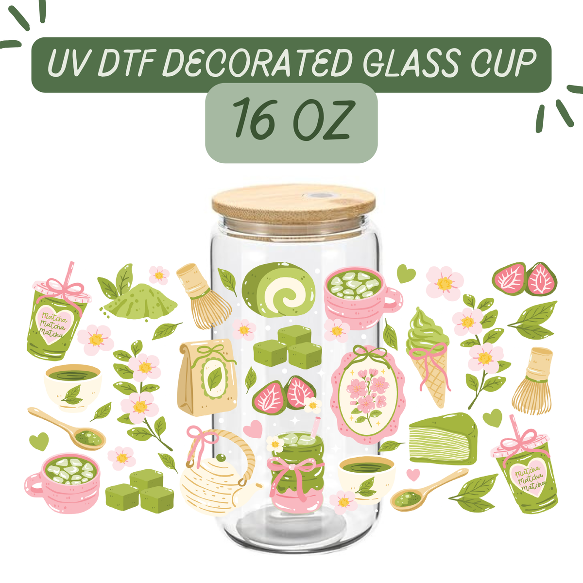 Glass cup with wooden lid and UV DTF decorative elements on a white background