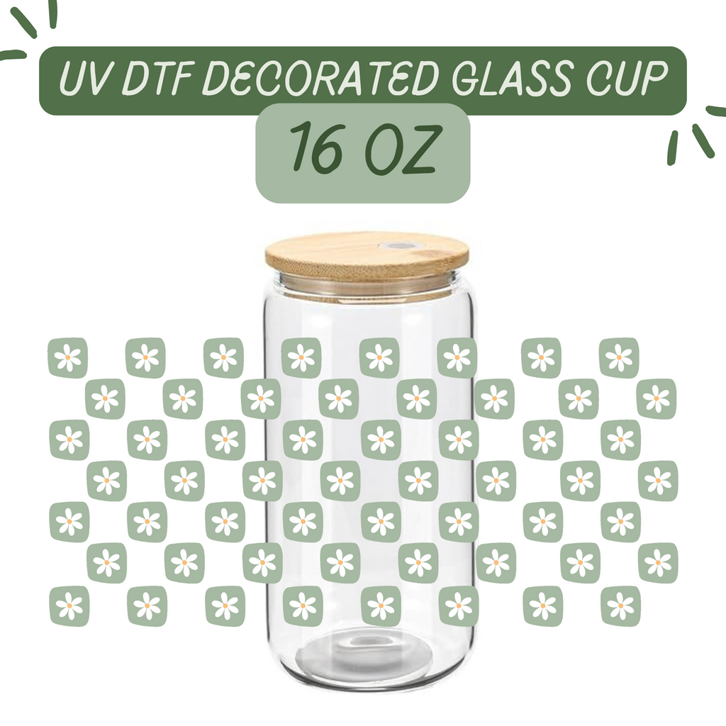 Green Checkered Daisies Glass Cup
