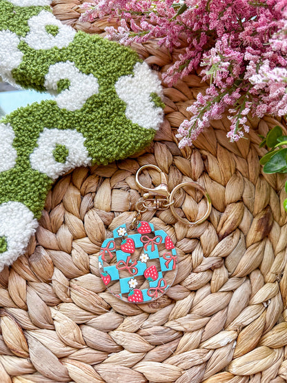 Strawberries and Bows Checkered Pattern Acrylic Keychain