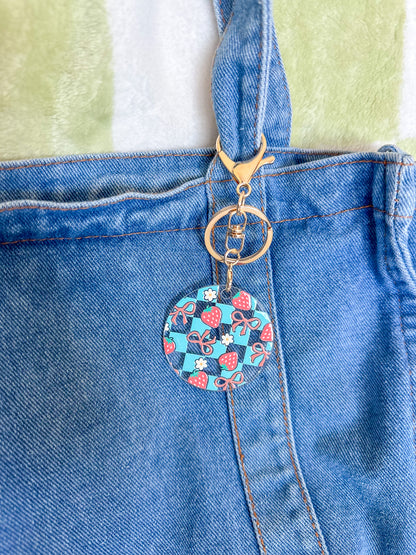 Strawberries and Bows Checkered Pattern Acrylic Keychain