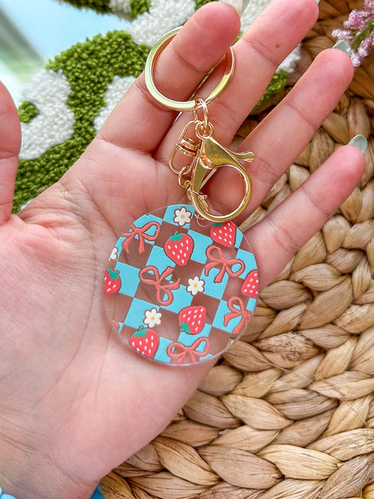 Strawberries and Bows Checkered Pattern Acrylic Keychain