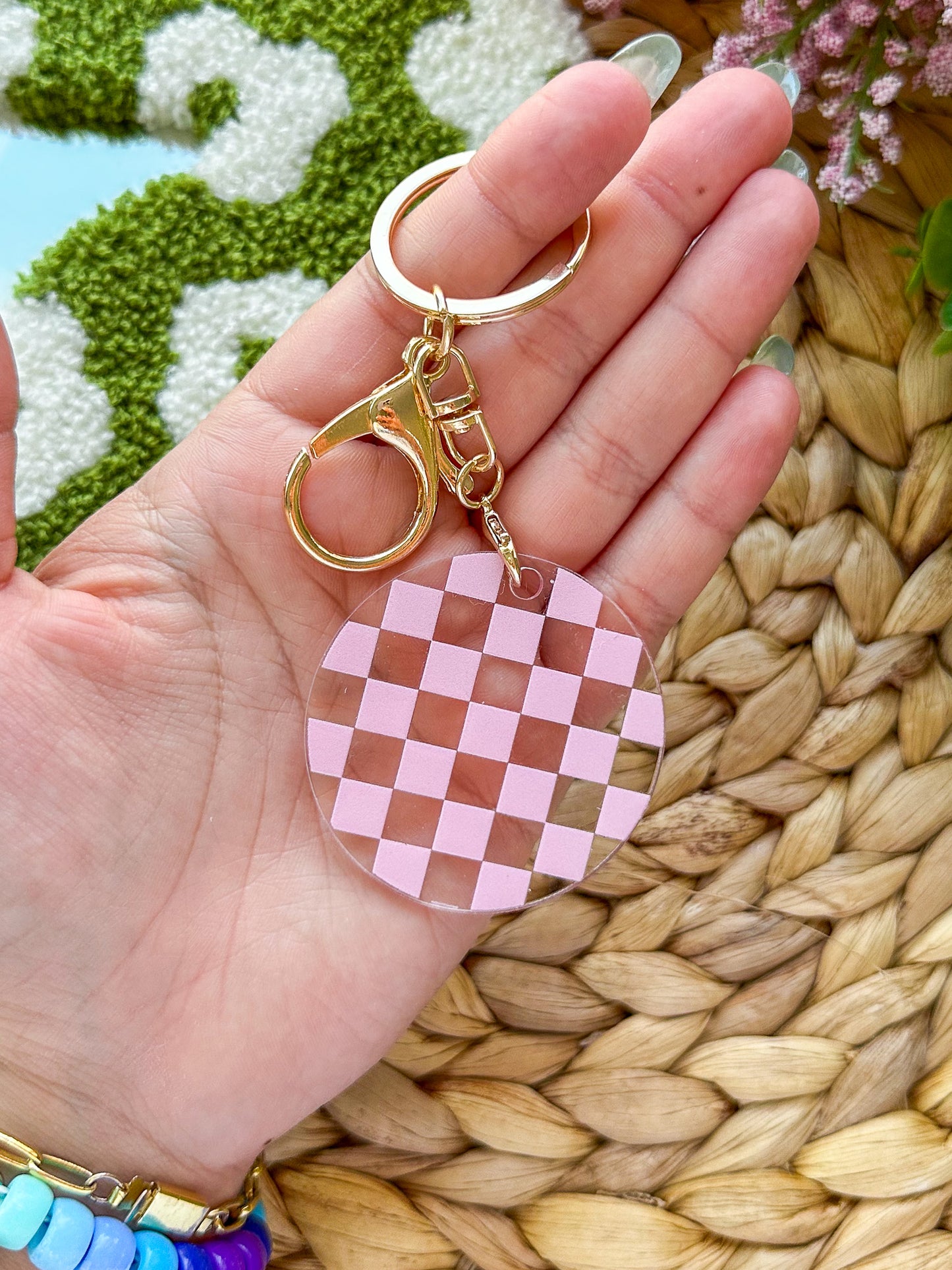Pink Checkered Pattern Acrylic Keychain