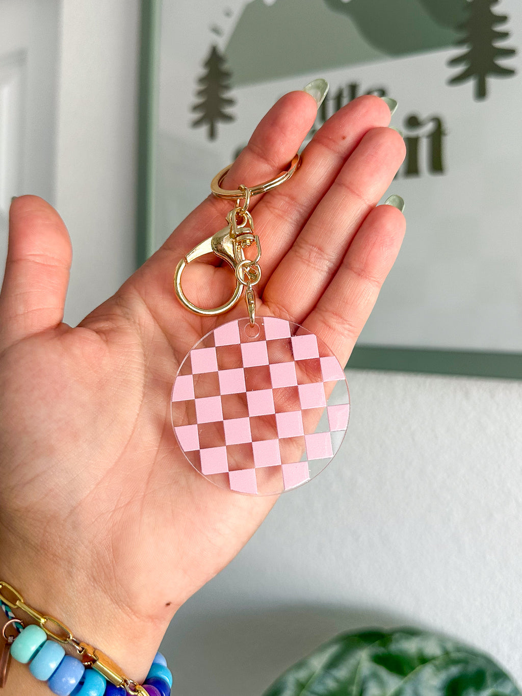 Pink Checkered Pattern Acrylic Keychain