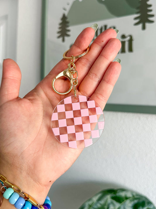 Pink Checkered Pattern Acrylic Keychain