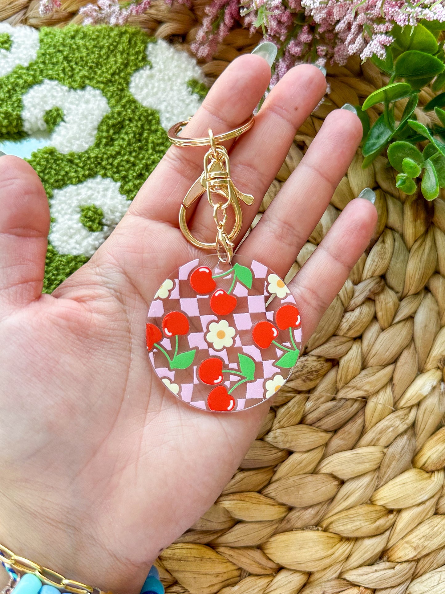 Cherry Checkered Pattern Acrylic Keychain