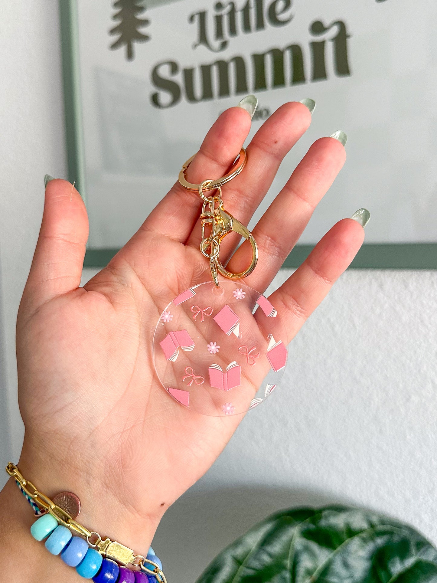 Pinky Books and Bows Acrylic Keychain