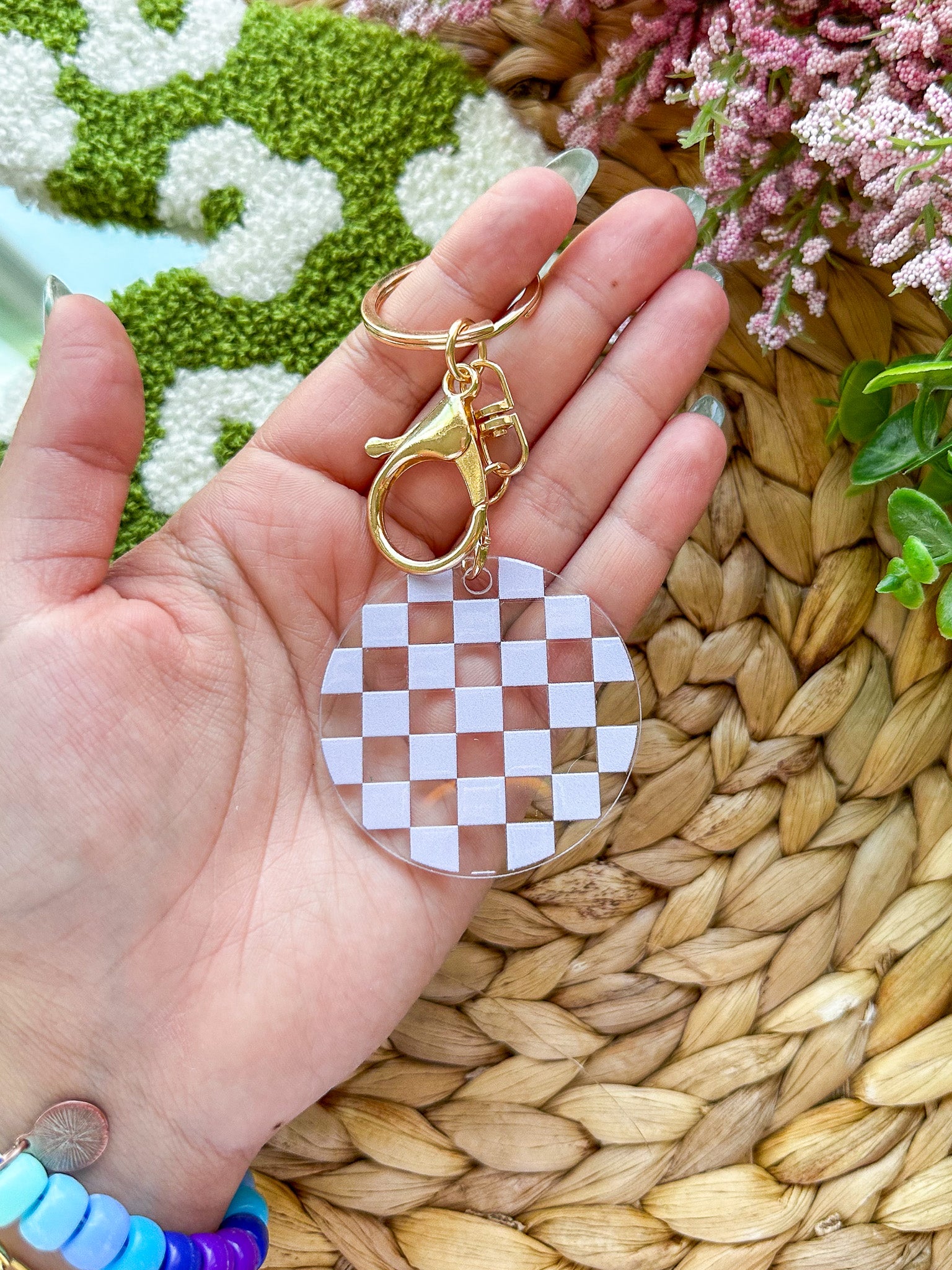 Purple Checkered Pattern Acrylic Keychain