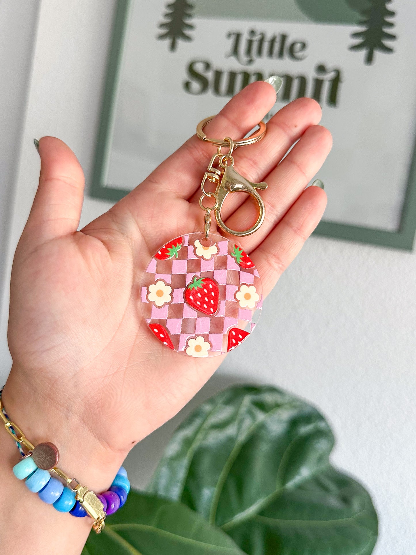 Strawberry Checkered Pattern Acrylic Keychain