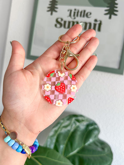 Strawberry Checkered Pattern Acrylic Keychain